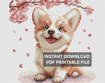Kreuzstichmuster mit Corgis-Welpen, Kirschblüten-Stickmotiv (PDF-Download)