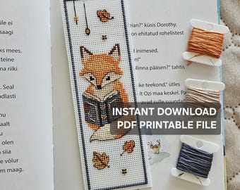 Fox Bookmark Cross Stitch Pattern PDF, Cute Reading Fox, Autumn Book Lover Gift, Easy Modern Embroidery