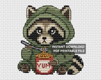 Patrón de punto de cruz de mapache en PDF, Lindo mapache con sudadera con capucha, Hora de fideos, Bordado de animales divertido, Descarga instantánea