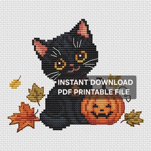 May include: A cross-stitch pattern featuring a black cat with orange eyes and pink-tinted ears sitting next to a carved jack-o'-lantern pumpkin. The design is surrounded by scattered autumn leaves in shades of yellow and orange on a grid background.