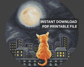 Kreuzstichmuster „Ginger Cat Moonlit City“, Stickerei „Rooftop Dreamer“ (PDF-Download)