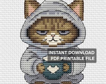 Morgenstimmung Katze Kreuzstichmuster, süßes Kätzchen im Hoodie, gemütliches Tierstickmuster PDF