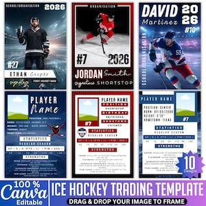 May include: An ice hockey trading template with a Canva logo and the text "Drag & Drop Your Image to Frame." The design features player cards with player names, statistics, and action shots of hockey players.