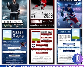May include: An ice hockey trading template with a Canva logo and the text "Drag & Drop Your Image to Frame." The design features player cards with player names, statistics, and action shots of hockey players.