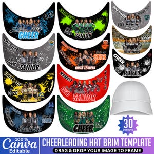 May include: A collection of cheerleading hat brim templates with various designs. Each brim features team names, the year 2025 or 2026, and the word "CHEER" or "SENIOR". The templates are in various colors, including black, green, red, and gray. A white baseball cap is also shown.