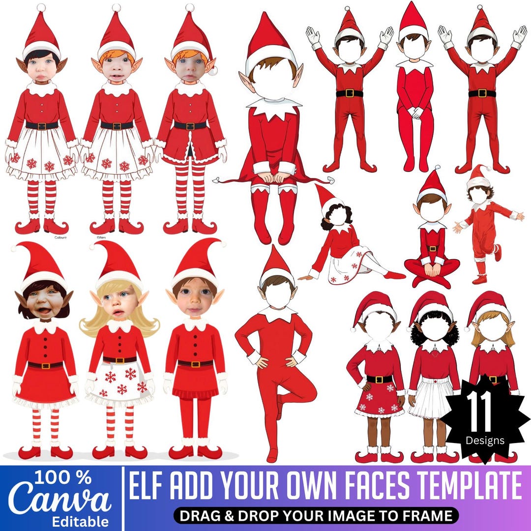 11 Christmas Elf Red Add Your Own Face Photo Frame Bundle, Elf Face ...