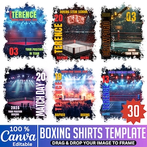 Puede incluir: Una plantilla para camisetas de boxeo con un diseño de ring de boxeo. El diseño incluye el texto "Terence", "Boxing High School 2025" y "Match Day". La plantilla es editable y permite añadir imágenes.