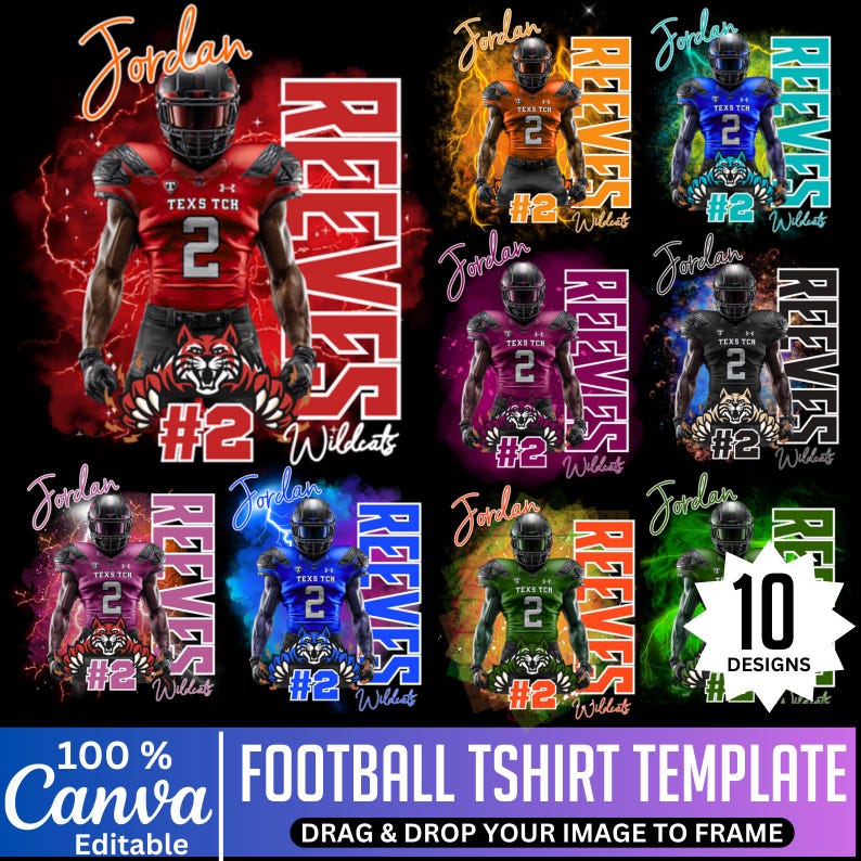 K&ouml;nnte beinhalten: Ein Football-T-Shirt-Template mit zehn Designoptionen. Jedes Design zeigt einen Footballspieler in einem Trikot mit dem Namen "Jordan" und der Nummer "2". Das Wort "REEVES" wird vertikal angezeigt. Die Vorlage ist in Canva editierbar.