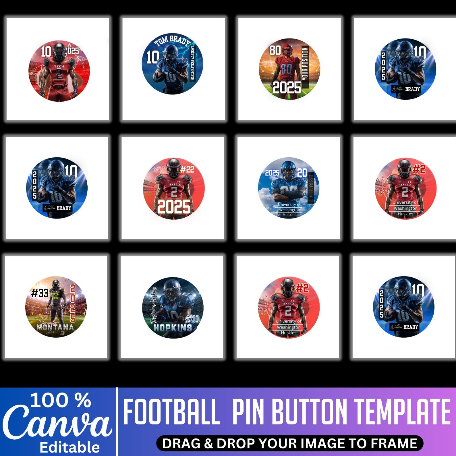 Football Pin Button Template Bundle, Canva Editable Football Sticker ...