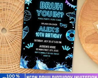 Neon Bruh Birthday Invitation, Canva Editable Template, Glow Party Invite, Sublimation Design, Instant Cake Party Invite, Digital Download