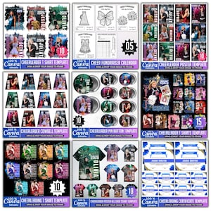 May include: A selection of Canva templates for cheerleading, including t-shirts, posters, cowbells, pin buttons, and certificates. Designs feature photos of cheerleaders, text, and the year 2026. The templates are customisable.