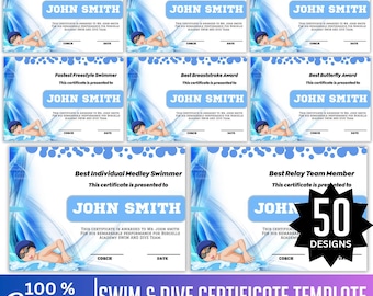 May include: A collection of swim and dive certificate templates. Each certificate features a swimmer graphic and text, including "Most Valuable Diver," "Best Backstroke Award," and "Best Relay Team Member." The Canva template is 100% editable.