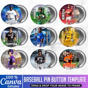 Baseball Pin Button Template Bundle, Canva Editable Baseball Sticker, Homecoming Campaign, Pin Button Designs, Custom Photo Player Stickers