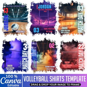 May include: A collection of six volleyball shirt templates with various designs. Each template features a different layout, incorporating elements like volleyballs, nets, and team information. The designs include text such as "Jordan", "Match Day", and "2025".