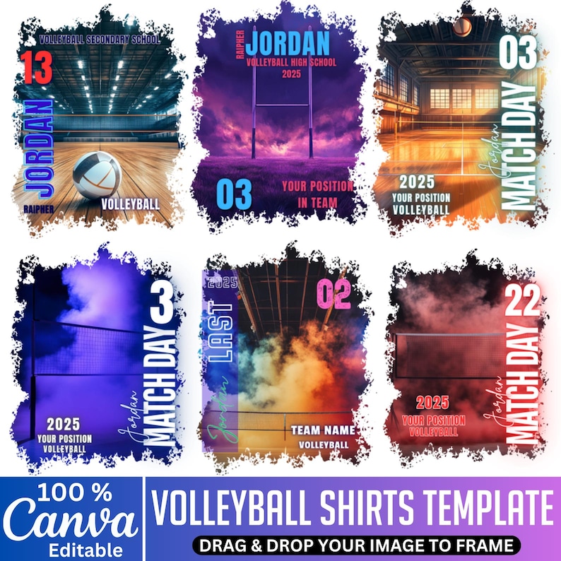 May include: A collection of six volleyball shirt templates with various designs. Each template features a different layout, incorporating elements like volleyballs, nets, and team information. The designs include text such as "Jordan", "Match Day", and "2025".