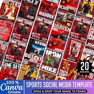 Sports Canva Social Media Template Bundle, Canva Editable Sports Design, Game Day Sports Designs, Final Score, Basketball Football, Baseball
