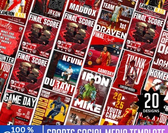 Sports Canva Social Media Template Bundle, Canva Editable Sports Design, Game Day Sports Designs, Final Score, Basketball Football, Baseball