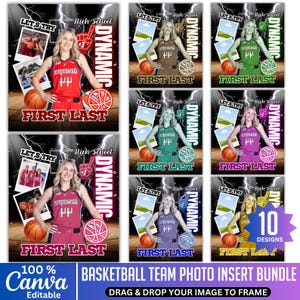 May include: A bundle of ten basketball team photo insert designs. Each design features a female basketball player in various team colors, with space for a photo and text. The designs include the text "High School", "Dynamic", and "First Last".