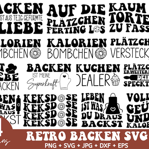 Backen Retro SVG Bündel, Kochvektor SVG, Plotterdatei for Cricut,, Küchen svg, Baking Retro PNG Clipart, German Bundle, Küchen Clipart Set
