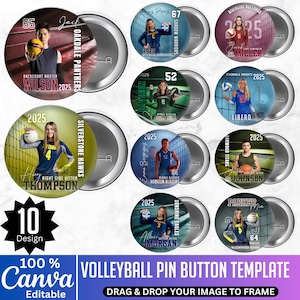 May include: A collection of ten customizable volleyball pin button templates. Each button features a player's photo, team name, and position. The design includes text such as "2025" and team names like "Oakdale Panthers".