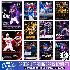 Puede incluir: Una colección de doce plantillas de tarjetas de béisbol que presentan varios retratos de jugadores, fotos de acción y campos de datos estadísticos. Cada diseño incluye marcadores de posición para nombres, posiciones y métricas con fondos gráficos.