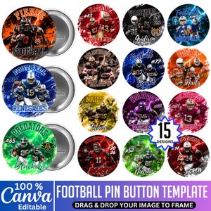 Può includere: Una collezione di quindici modelli di spille rotonde con varie grafiche di giocatori di football americano, nomi di squadre e numeri di maglia su sfondi vivaci ed energici con effetti di fulmini e fuoco, inclusa un'etichetta 15 designs.