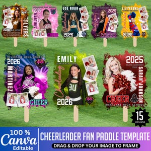 May include: A collection of cheerleader fan paddle templates with photos, names, and school years. The designs feature various school colors and mascots, with the text "CHEER" prominently displayed. The Canva template is editable.