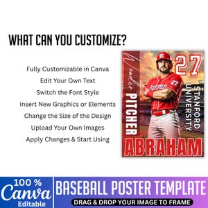 May include: A baseball poster template with a baseball player in a red uniform, number 27. The poster includes the text "Wander Pitcher" and "Abraham". The poster is fully customisable in Canva.