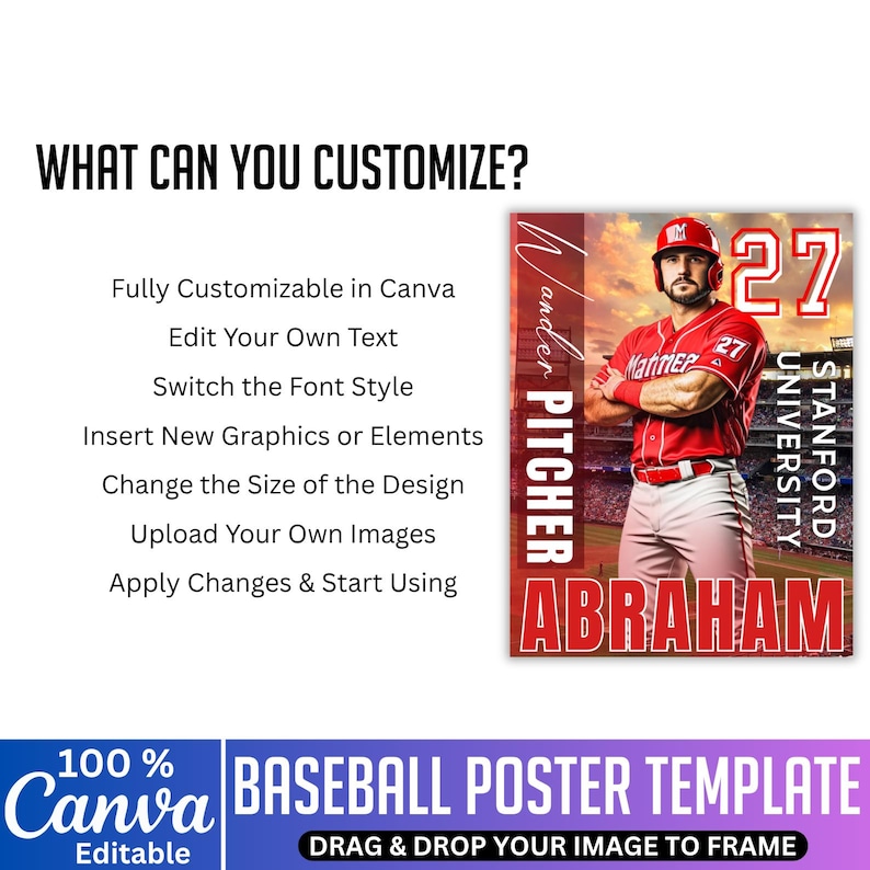 May include: A baseball poster template with a baseball player in a red uniform, number 27. The poster includes the text "Wander Pitcher" and "Abraham". The poster is fully customisable in Canva.