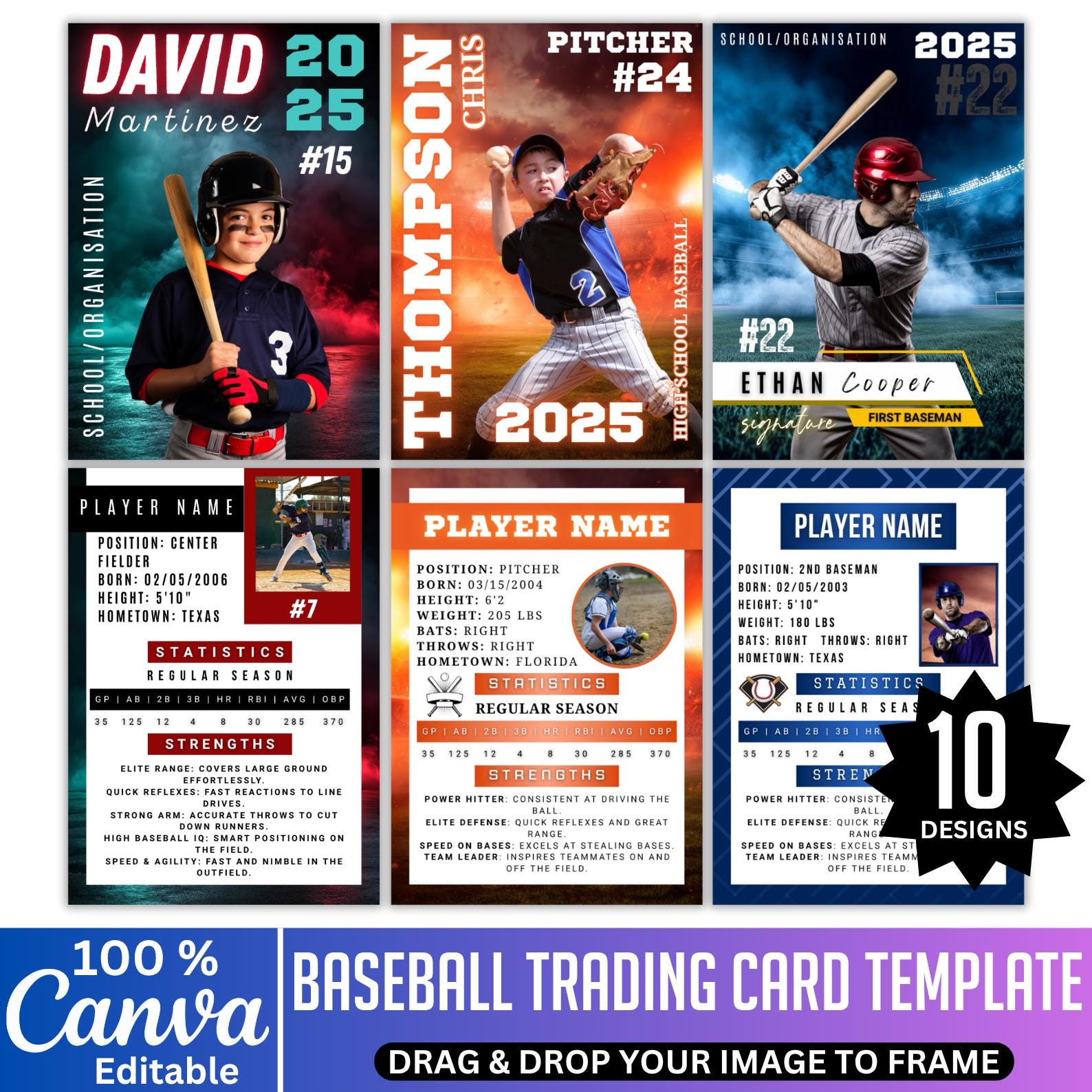 Baseball Trading Card Canva Template Set Bundle, Canva Editable Double-Sided Player Cards, DIY trading Card Front & Back Sports Card Digital