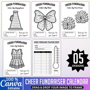 May include: A collection of five black and white cheerleading fundraiser templates. Designs include a megaphone, bow, pom-poms, uniform, and a tracking sheet. The text includes "Cheer Fundraiser" and "Color My..." with payment methods and a thank you message.