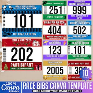 Può includere: Una collezione di modelli di pettorali da corsa modificabili con vari design. Ogni pettorale presenta un numero univoco, il nome dell'evento ed elementi decorativi. Il testo include "Fast Track Challenge", "The Road to Glory" e "Run, Celebrate, Xmas". Il modello Canva è drag and drop.
