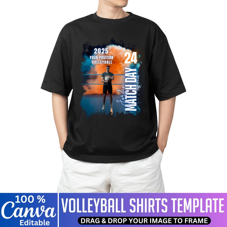 May include: Black t-shirt with a volleyball design. The design includes the text "2025 YOUR POSITION VOLLEYBALL 24 Jordan MATCH DAY". The shirt also features a person holding a volleyball. The bottom of the shirt has the text "VOLLEYBALL SHIRTS TEMPLATE".