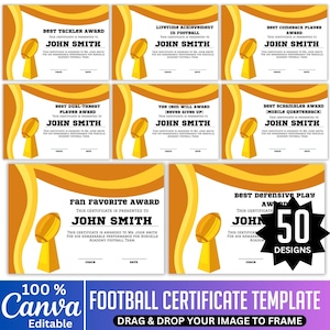 50 American Football Award Certificates Template, Canva Editable Football Team Awards, Football Certificate, End of Year Sports Certificates