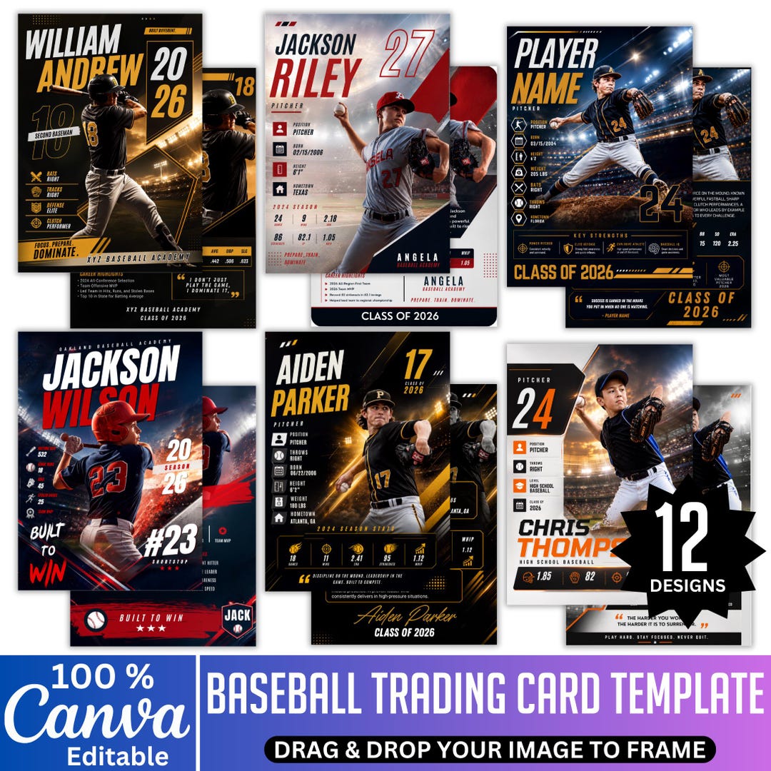 12 Baseball Trading Card Canva Template Bundle, Editable Double-sided ...