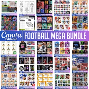 May include: A collection of Canva templates for football-themed designs. Includes templates for t-shirts, game day designs, posters, party signs, photo inserts, certificates, and calendars. The templates feature football players, equipment, and related graphics.