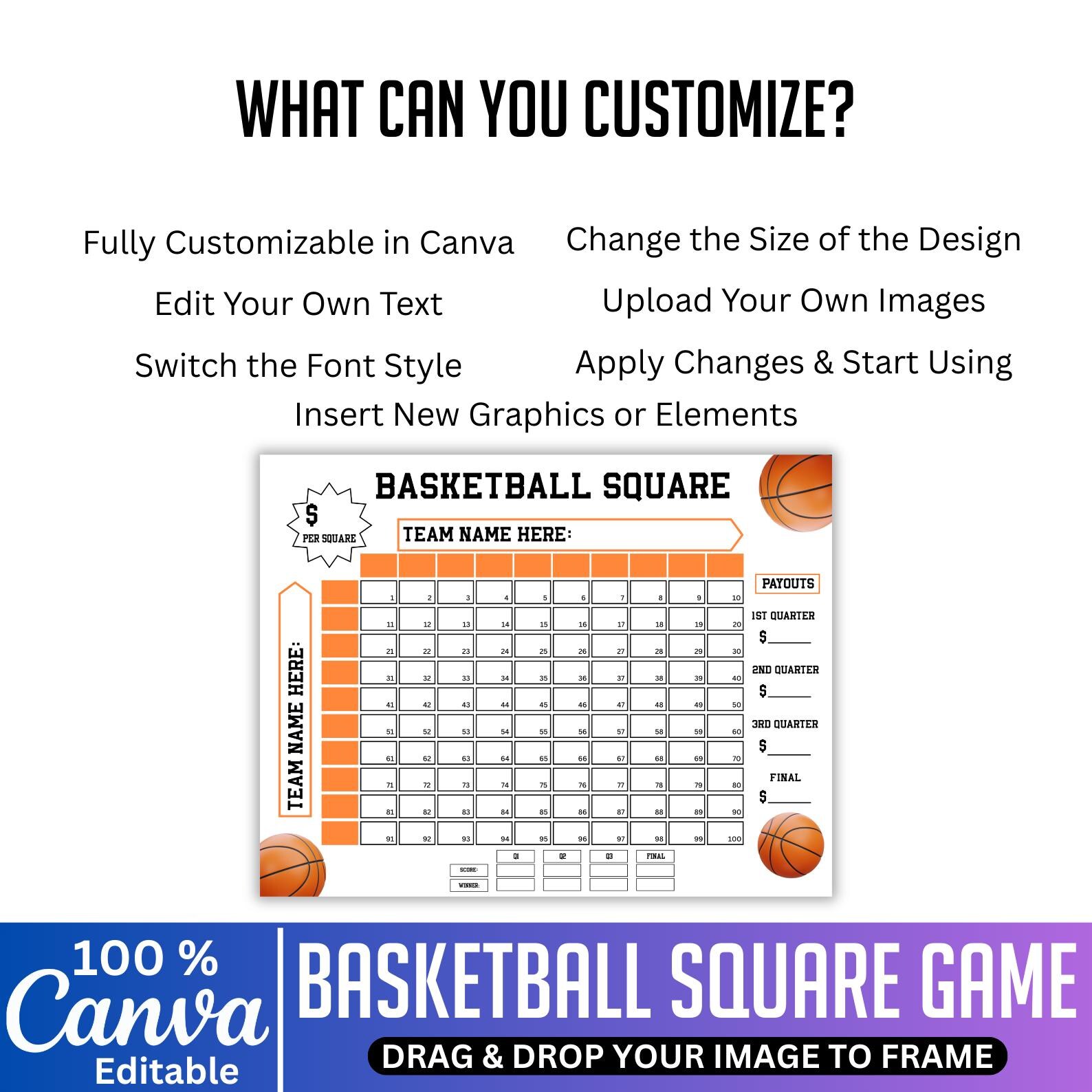 Basketball Squares Template, Canva Editable Square Grid Pool, March ...
