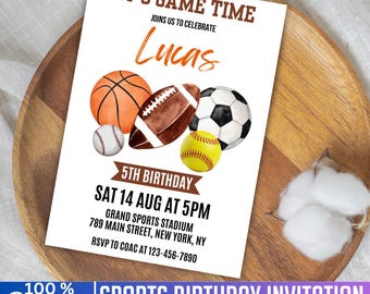 Sports Birthday Invitation, Canva Editable Kids Template, Sports Party Invite, Baseball Football Birthday Invitation, Digital Download