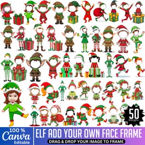May include: A collection of 50 elf designs with spaces for faces, in various poses and outfits. The elves wear green, red, and brown clothing with hats and striped stockings. Some elves hold gifts. The image includes the text "ELF ADD YOUR OWN FACE FRAME".