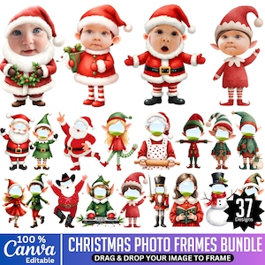 May include: A collection of Christmas-themed photo frames featuring Santa Claus, elves, and baby faces in festive outfits. The image includes the text "CHRISTMAS PHOTO FRAMES BUNDLE" and "DRAG & DROP YOUR IMAGE TO FRAME". There are 37 designs.