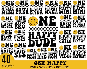 One Happy Dude Matching Birthday Svg Bundle, One Happy Family Png, Birthday Family Png, Retro Smiley Face svg, First Birthday Boy Girl svg