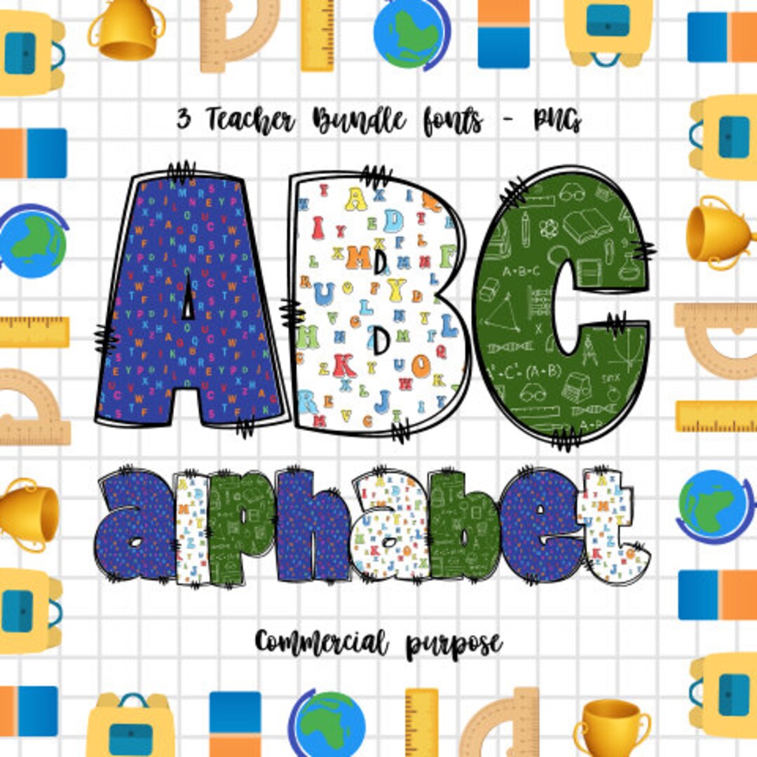 Teacher Alphabet Png Bundle, Back to School Doodle Letters & Numbers ...
