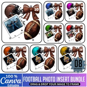 Peut inclure: Ensemble de motifs sur le thème du football avec des casques, des ballons et des nœuds. Chaque motif comprend un insert photo, avec le texte "Jacson" et le chiffre "10" sur le nœud. Le lot comprend 8 motifs, avec le texte "08 DESIGNS".