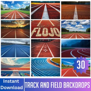 May include: A collage of nine images showcasing track and field backdrops. The images feature running tracks in various colors, including red and blue, with white lane markings. Some images show the tracks with sky and field backgrounds. The text "FLOJO" is visible in one image.