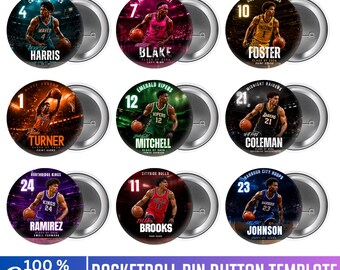 Basketball Pin Button Template, Canva Editable Basketball Design, Custom Photo Player Button, Drag And Drop Pin Button Template, Digital