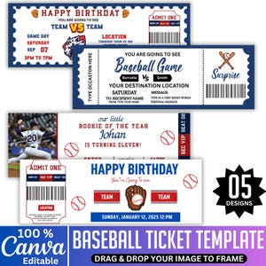 Baseball Geburtstagskartenvorlage, benutzerdefiniertes Baseballüberraschungsticket, Canva bearbeitbares Baseballticket, druckbares Sportticket, Ereignisticket
