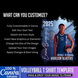 May include: A volleyball t-shirt template with a blue and white design. The template features a volleyball player holding a ball, the text "2025", and the words "MIDDLE BLOCKER" and "HORIZON BLAZERS". The template is fully customizable in Canva.