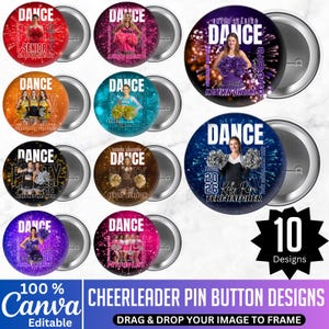 Puede incluir: Un conjunto de diez diseños de botones de pin para animadoras. Cada botón presenta la palabra "DANCE" con una imagen de animadora, nombre y año. Los botones son de varios colores, incluyendo rojo, rosa, naranja, azul y morado.