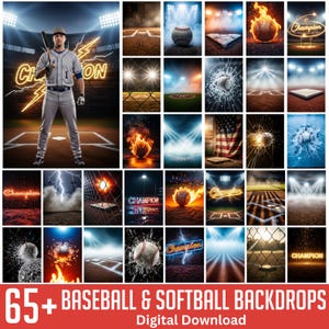 May include: A collection of 65 digital baseball and softball backdrops featuring various scenes including baseball players, stadiums, baseballs on fire, lightning, stadium lights, American flags, and the word Champion in neon lighting effects.