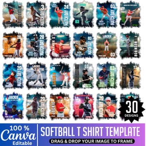 Puede incluir: Un conjunto de 30 plantillas de camisetas de softbol editables. Cada diseño presenta a un jugador en acción, con áreas personalizables. Las plantillas incluyen texto como "Match Day", "Jackie" y "2025 Softball."